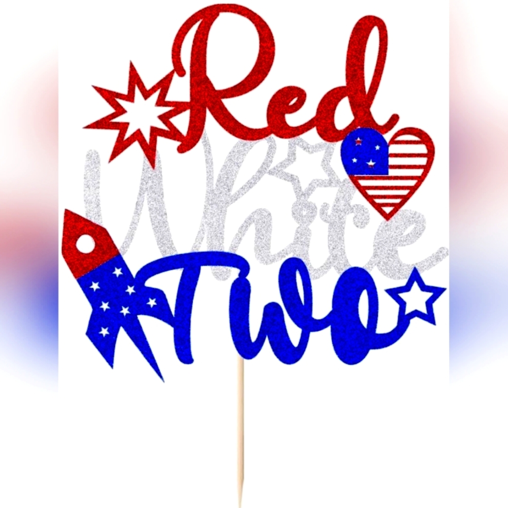 NEW Birthday Cake Topper 2 Two Year 4th of July Holiday Party Decor Glitter Bday